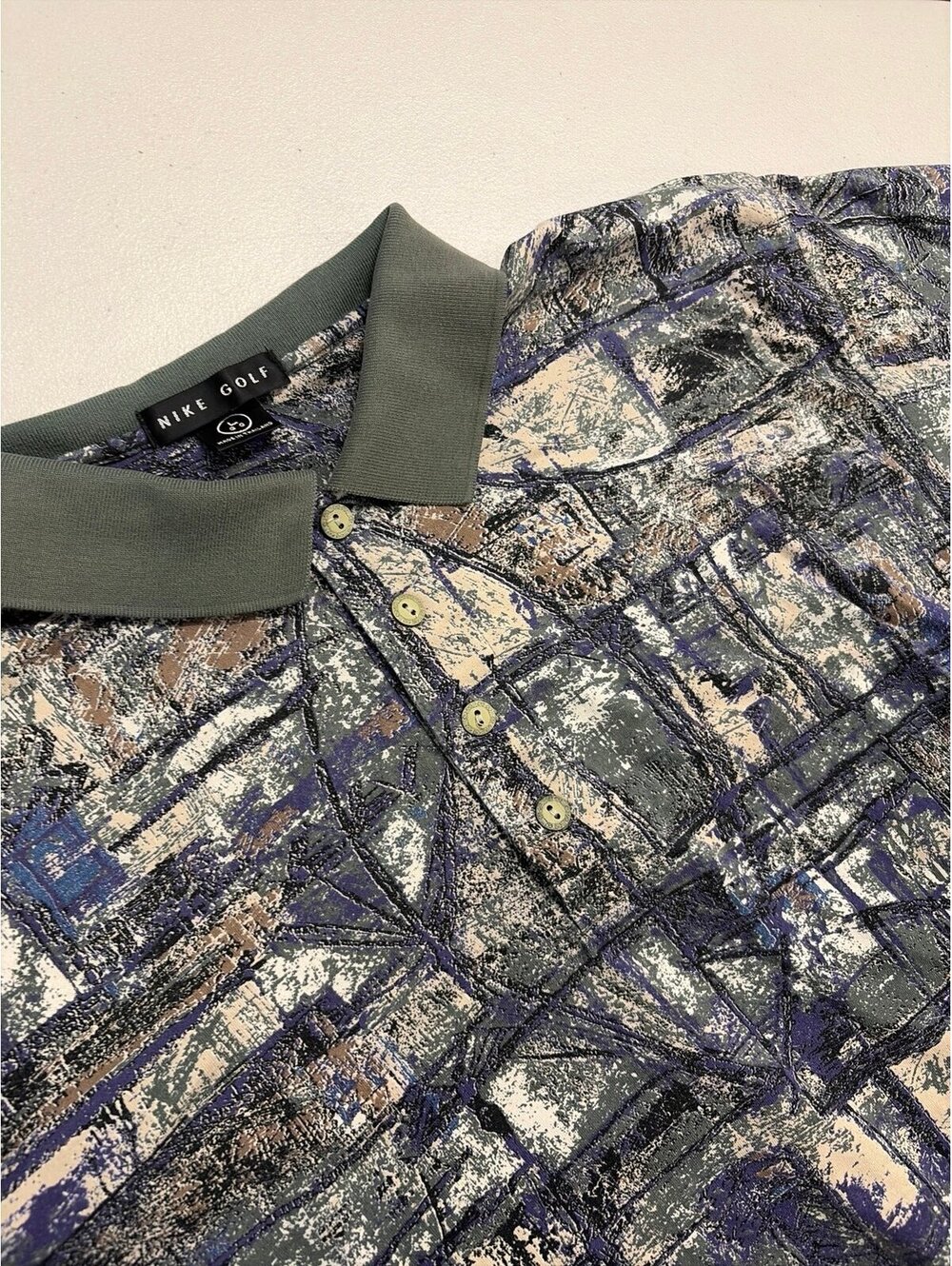 Nike Golf Polo Shirt Mens L Abstract Geometric All Over Print Vintage Olive